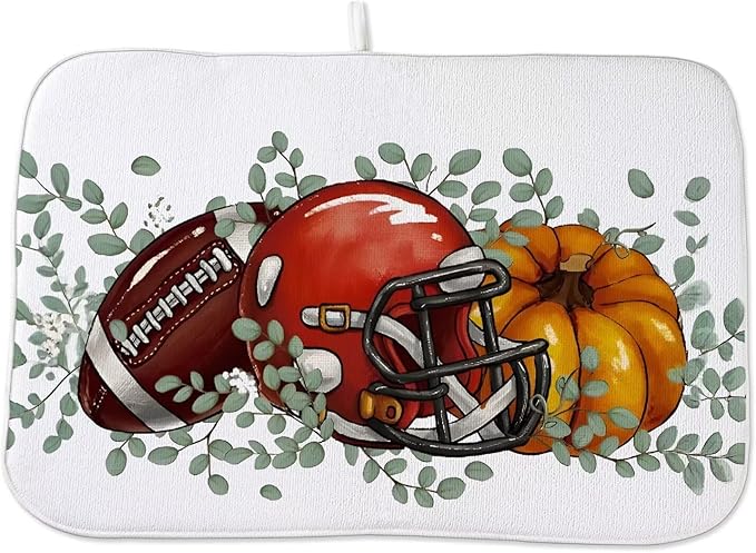 Fall Football Dish Drying Mat 18 x 24 inch Orange Pumpkins Eucalyptus Leaves Decorative Drying Mats Microfiber Absorbent Autumn Thanksgiving Dish Washable Draining Mat for Kitchen Counter