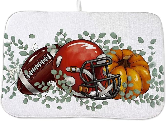 Fall Football Dish Drying Mat 18 x 24 inch Orange Pumpkins Eucalyptus Leaves Decorative Drying Mats Microfiber Absorbent Autumn Thanksgiving Dish Washable Draining Mat for Kitchen Counter