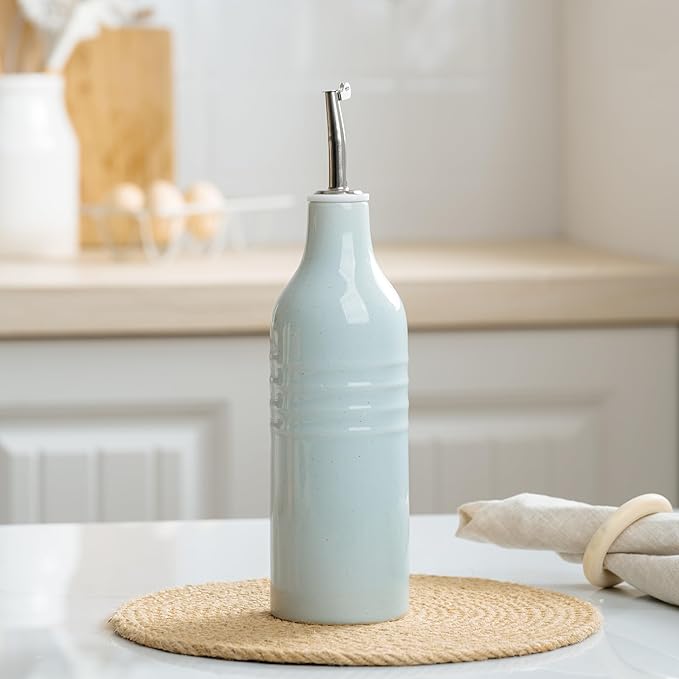 famiware Jupiter 16oz Ceramic Olive Oil Dispenser Bottle, 1 Piece Oil Dispenser for Kitchen with Stainless Steel Pourers, Suitable for Storage Vinegar, Soy Sauce, Coffee Syrup, Light Blue