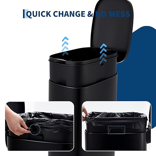 Garvee 13 Gallon Slim Kitchen Trash Can, Narrow Stainless Steel Step-On Pedal Garbage Can with Soft Close Lid, Removable Inner Bucket, Space-Saving Trash Bin for Kitchen, Bathroom, Office, Black