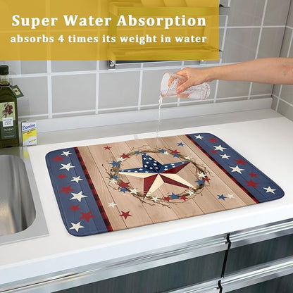 4th of July Dish Drying Mat for Kitchen Counter Patriotic Farmhouse Rustic Microfiber Absorbent Dish Draining Reusable Washable Foldable Extra Large 18"x24" - Image 7