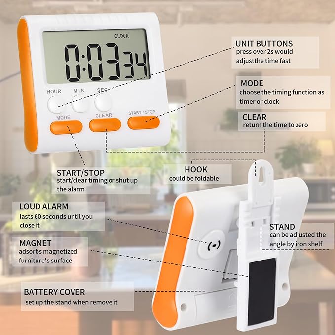 Mudder 3 Pack Digital Kitchen Timer for Cooking, Large Digits, 24 Hour Magnetic Backing Stand Kitchen Timers Clock for Classroom Kids Teachers, Loud Alarm and Large Screen (Orange) - Image 5