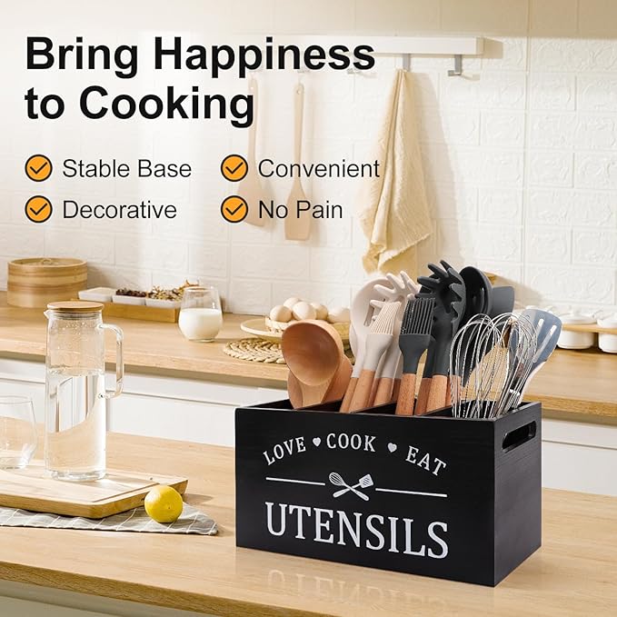 Black Farmhouse Utensil Holder for Kitchen Counter Extra Large Cooking Utensil Holder Caddy Utensils Storage Organizer for Countertop Rustic Wood Kitchen Tool Decor Utensil Crock Spatula Holder - Image 4