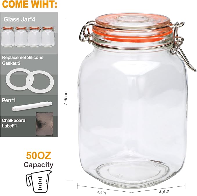 50oz Glass Jars with Clamp Lids,Set of 4,1500ml Square Wide Mouth Mason Jars with Airtight Lids,Large Glass Storage Container with Clip Lid for Kitchen,Flour,Pasta,Beans - Image 2