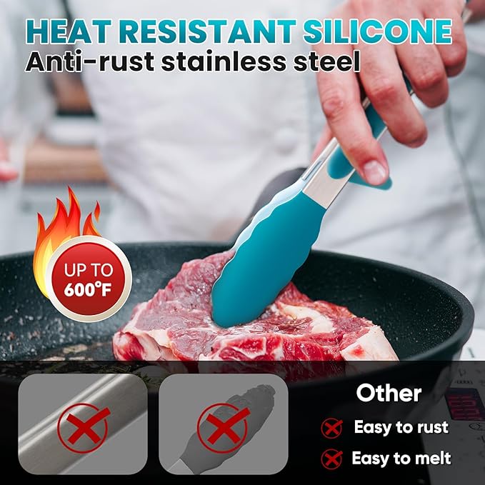 5-Pack Silicone Tongs for Cooking,Maywe Tanso 4PCS 13-Inch Kitchen Tongs with Silicone Tips,Nonstick Stainless Steel Tong for Steak Pie Pizza Pasta Spaghetti Salad BBQ Buffet,Plus Brush - Image 2