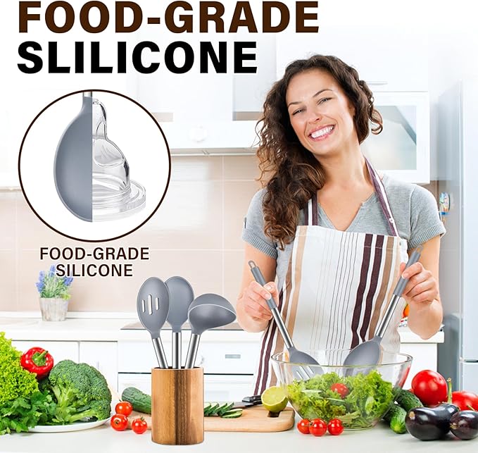 3Pcs Silicone Cooking Spoon Set, Kitchen Utensils Include Solid & Slotted Spoon, Soup Ladle, Food-Grade Heat Resistant 446°F, Non-Scratch Spoons for Serving, Stirring, Draining, Dishwasher Safe, Gray - Image 5