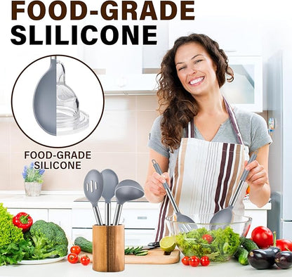3Pcs Silicone Cooking Spoon Set, Kitchen Utensils Include Solid & Slotted Spoon, Soup Ladle, Food-Grade Heat Resistant 446°F, Non-Scratch Spoons for Serving, Stirring, Draining, Dishwasher Safe, Gray - Image 5