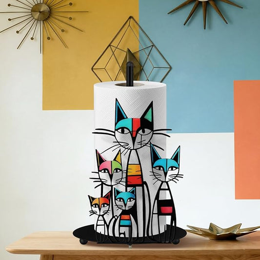 Mid Century Cat Paper Towel Holder Black Metal Paper Towel Holder Retro Decorative Tissue Stand Colorful Mid Century Retro Table Decor for Home Party Bathroom Countertop Dining Table