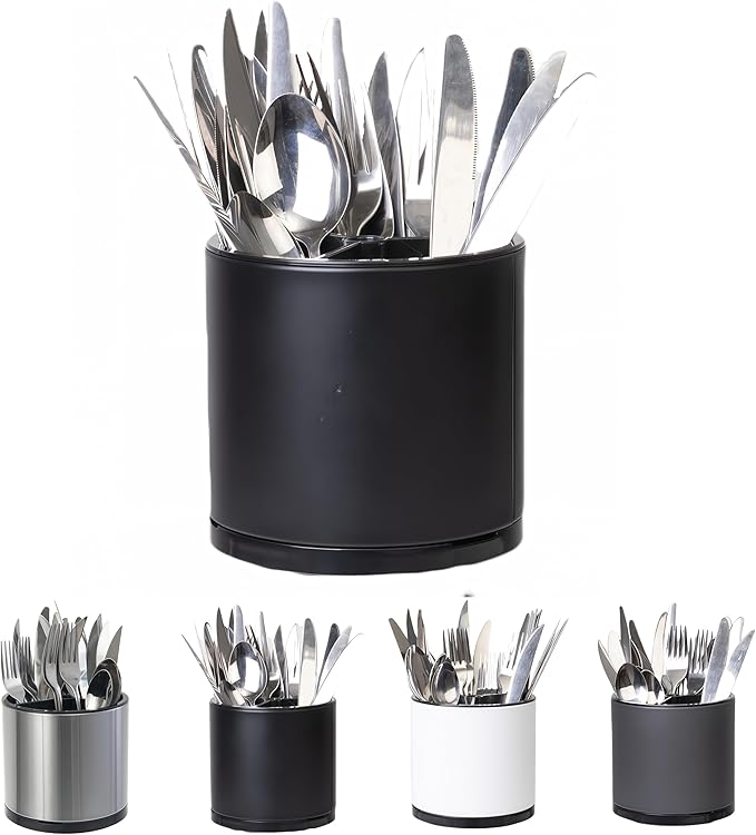 LIBODOUR Silverware Organizer Kitchen Utensil Holder 360°Rotating For Counter Organizer Stainless Steel Storage Silverware Caddy 3 Compartment Flatware Spoon Spatula Tool Cutlery Container(Black) by ModernandFarmhouseUtensilHolder