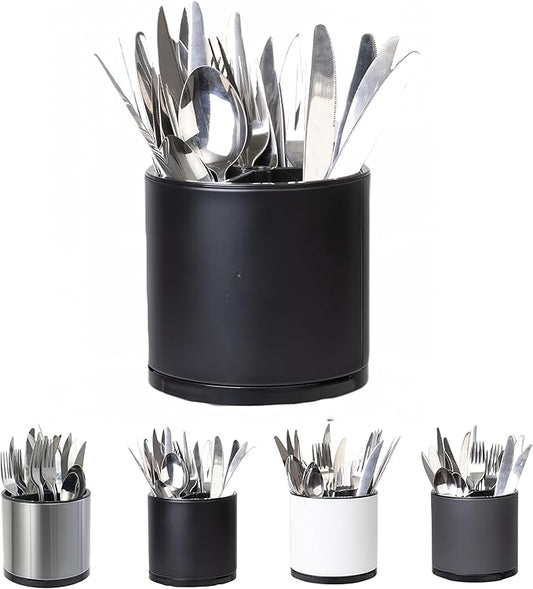 LIBODOUR Silverware Organizer Kitchen Utensil Holder 360°Rotating For Counter Organizer Stainless Steel Storage Silverware Caddy 3 Compartment Flatware Spoon Spatula Tool Cutlery Container(Black) by ModernandFarmhouseUtensilHolder