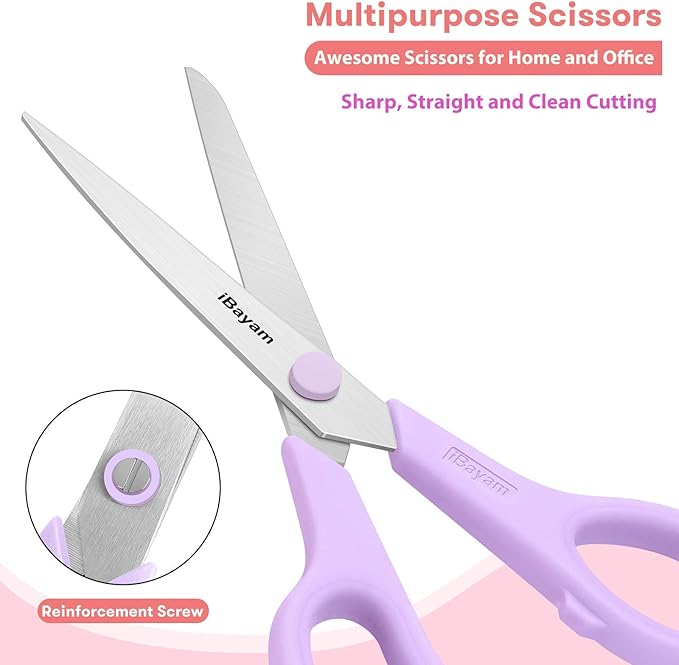Scissors, iBayam 8" All Purpose Scissors Bulk 3-Pack, Ultra Sharp 2.5mm Thick Blade Shears Comfort-Grip for Aesthetic Fun Cute School Office Teacher Desk Crafts and Art Supplies Accessories Essential - Image 4