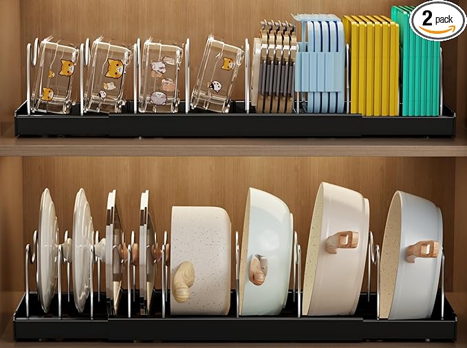 Mustorn 2 Pack Pots and Pans Organizer under Cabinet, 22" Expandable Food Storage Container Lid Organizer with 9 Adjustable Stainless Steel Dividers, ABS Base, Countertop Rack, Black by MUSTORN