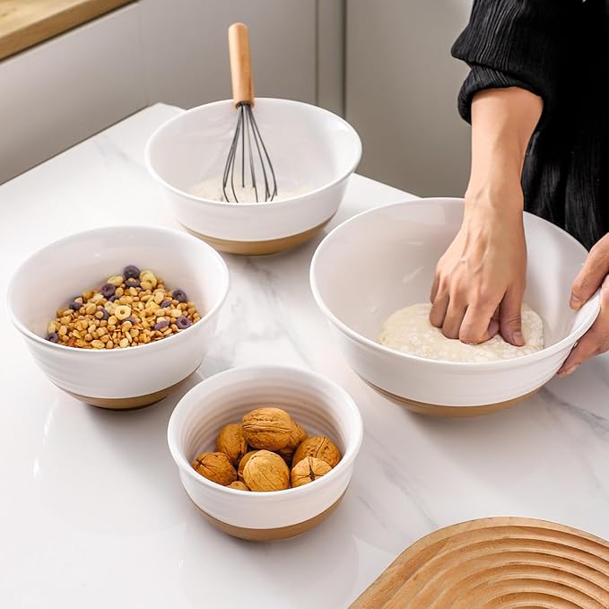 HASENSE Nesting Ceramic Mixing Bowls Set of 4, 2.1/1.5/1.0/0.5 Qt White & Terracotta Stoneware Bowls, Farmhouse Bowls for Cooking, Prepping, Salad & Soup, Dishwasher & Microwave Safe, Serving Dishes - Image 7