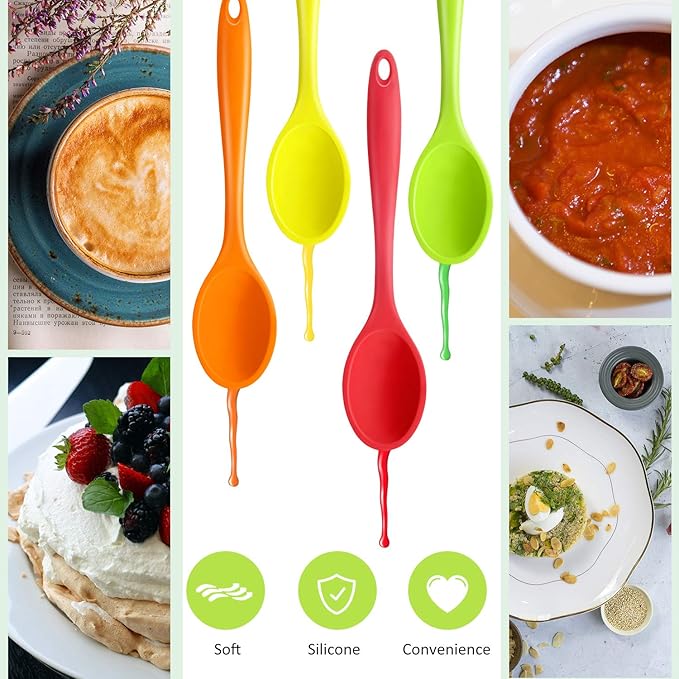 Shappy 4 Pieces Silicone Cooking Spoons 10.6 Inch Heat Resistant Kitchen Spoons for Mixing, Serving and Stirring Upgrade Large Non Stick Basting Utensils, Dishwasher Safe(Spoon,Bright Color) - Image 3