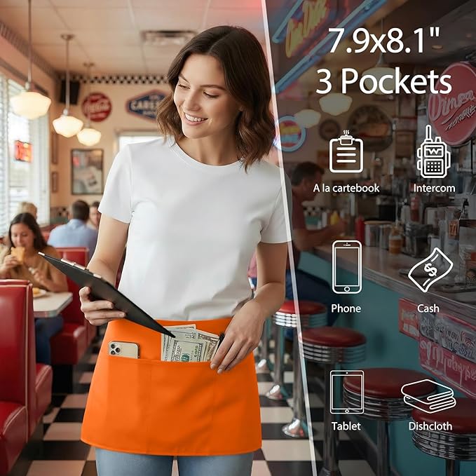 BOHARERS Waist Apron with 3 Pockets 12 Pack - Orange Waitress Server Short Apron - Image 2