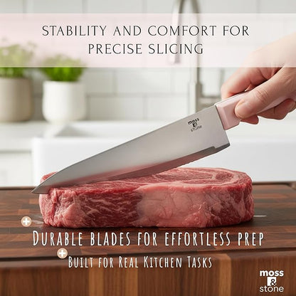 Moss & Stone Pink 14 Pcs Knife Block Set Stainless Steel, Premium Forged Kitchen Knives Set with High-Carbon Blades, Ergonomic Handle, Sharp Blade, Rust Resistant, Modern Style for Home & Chef - Image 7