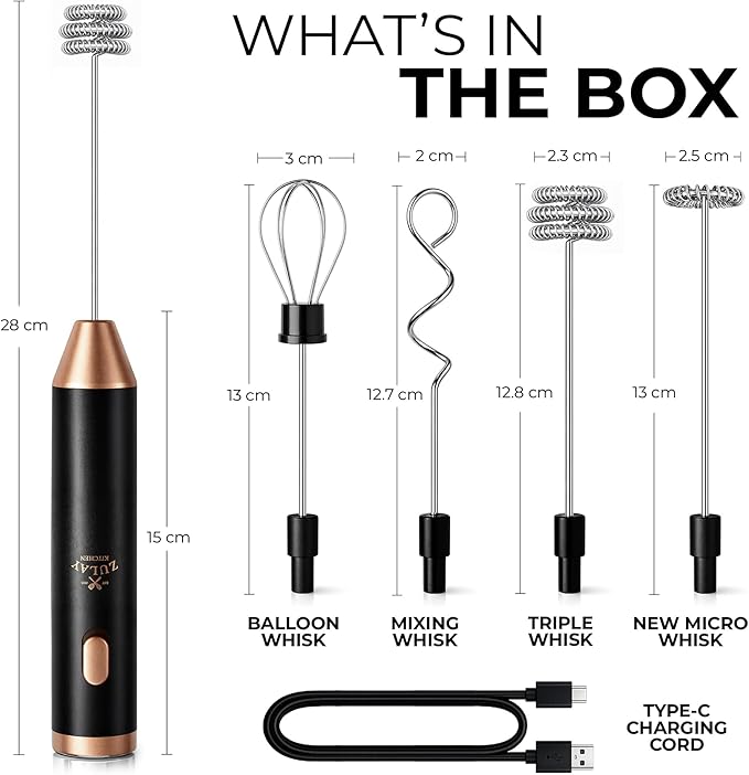 Zulay Kitchen Metal Rechargeable Milk Frother, 3 Whisk Attachments Handheld Frother Wand, 1800mAh USB-C Charging, Electric Drink Mixer for Protein, Matcha & Powders - One Charge Lasts up to 6 Months - Image 7