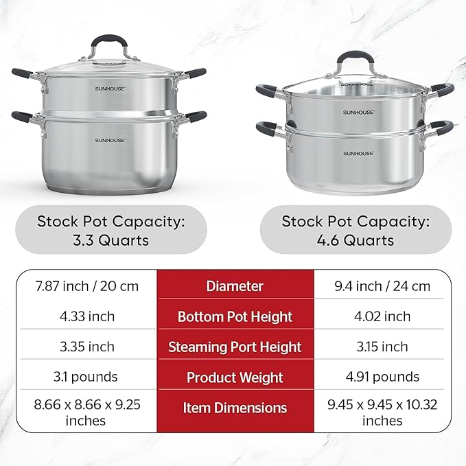 SUNHOUSE - 4.6 Quart Steamer Pots with Lid 2-Tier Multipurpose Stainless Steel Steaming Pot Cookware with Handle for Vegetable, Dumpling, Sauce, Food - Triple Bottom, Measurement Line - Image 9