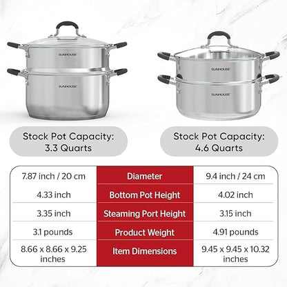 SUNHOUSE - 4.6 Quart Steamer Pots with Lid 2-Tier Multipurpose Stainless Steel Steaming Pot Cookware with Handle for Vegetable, Dumpling, Sauce, Food - Triple Bottom, Measurement Line - Image 9