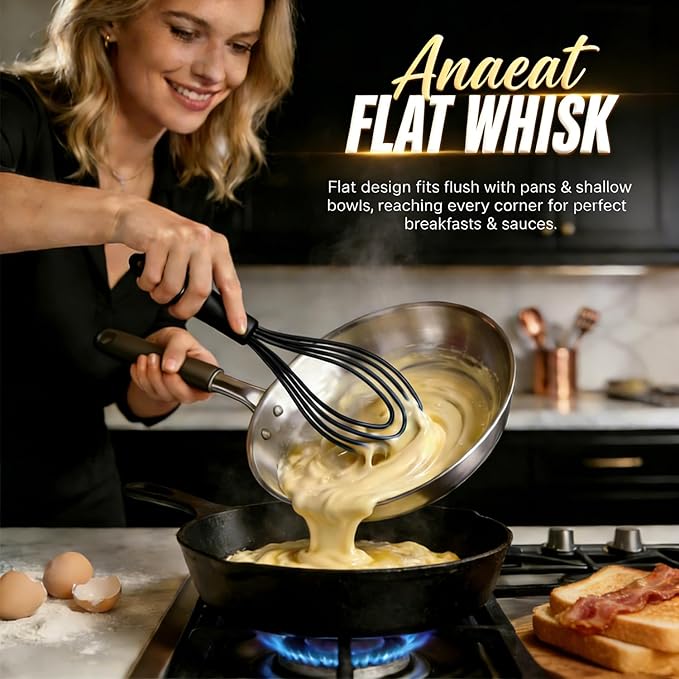 Anaeat Silicone Kitchen Whisk Set of 4, Perfect for Non-Stick Cookware, Egg Beater Milk ​Blender for Whisking, Cooking, Baking, Beating - 11'' Flat Whisk and 9''+11''+12'' Balloon Whisks (Black) - Image 4