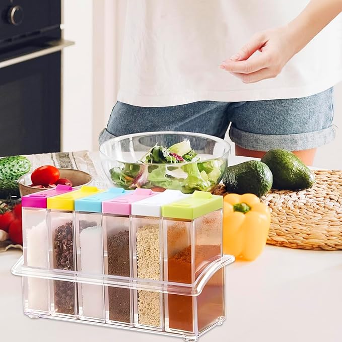 12 PCS Colorful Spice Shaker Jars, Salt and Pepper Shakers Set, Seasoning Shaker Boxes Condiment Set, Anberky Plastic Spice Dispenser Case Clear Seasoning Storage Container Bottle with Lid & Tray (#B) - Image 7
