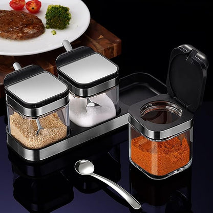 Condiment Jar Spice Container with 304 Stainless Steel Lids and Spoons,Clear Glass Condiment Canisters Pots Seasoning Box Salt Container Sugar Bowl Set of 3 for Kitchen, Counter, Food Storage
