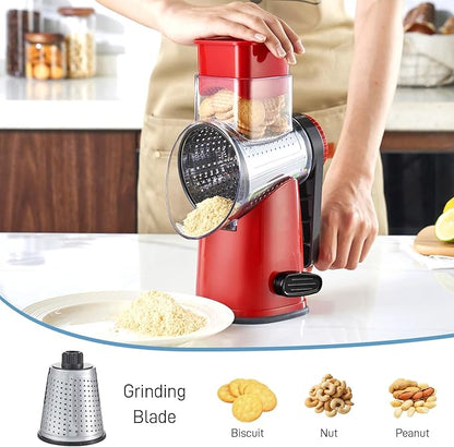 VEKAYA Rotary Cheese Grater Hand Crank with 4 Interchangeable Stainless Steel Blades, Large Manual Handle Shredder and Waffle Slicer for Vegetables, Cheese and Nuts with Table Suction Base (Red)