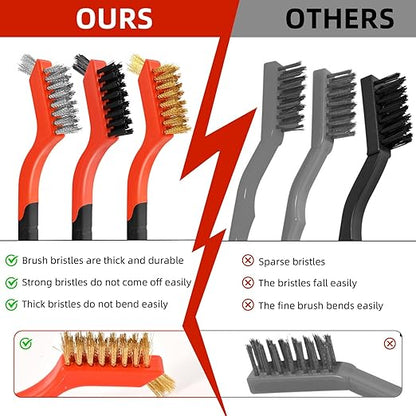 6pcs Wire Brushes for Cleaning Rust, Upgrade Wire Brush Set - Brass/Stainless Steel/Nylon Bristles, Small Metal Wire Brush with Curved Handle Grip, Wire Brushes for Paint and Stain, 7 Inches