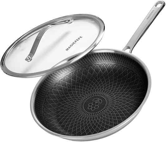 Non Stick Frying Pan 12 Inch with Lid, Hybrid Nonstick Stainless Steel Skillet Pan with Stay-cooling Handle, PFOA Free Non Toxic Dishwash & Oven Safe, Induction Ready, All Cooktops