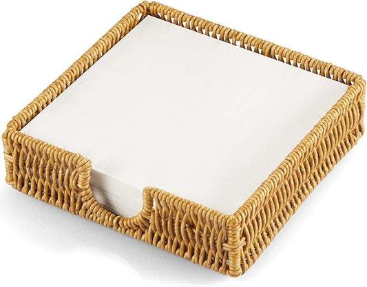 Napkin Holder for Table, Woven Wicker Synthetic Rattan Napkin Holders For Paper Napkins, Napkin Holders for Kitchen Dinner Table Boho Decor and Accessories, Square Napkin Basket and Serving Tray