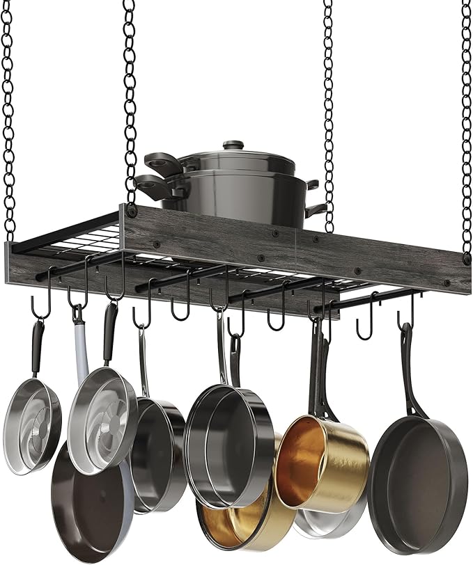 CHOEZON Hanging Pot Rack, Ceiling Mounted Pot Hanger, Vintage Pot Rack for Kitchen, Pot Storage Organizer, with 12 S-Shaped Hooks, for Cookware Storage, Space Saving, Charcoal Black and Black TPR01BC - Image 7