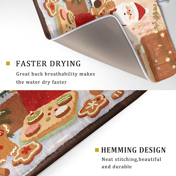 Christmas Dish Drying Mat for Kitchen Counter 18x24 Santa Claus Gingerbread Winter Xmas Holiday Themed Absorbent Reversible Microfiber Drying Mats Kitchen Countertop Protector Dishes Drainer Rack Pad - Image 3