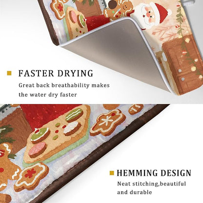 Christmas Dish Drying Mat for Kitchen Counter 18x24 Santa Claus Gingerbread Winter Xmas Holiday Themed Absorbent Reversible Microfiber Drying Mats Kitchen Countertop Protector Dishes Drainer Rack Pad - Image 3