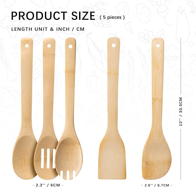 Wooden Spoons for Cooking, 5PCS Wooden Utensil Set Includes Slotted Spoon, Wooden Spoon & Wooden Spatula, Bamboo Cooking Utensils for Non-Stick Pans, Natural Bamboo Utensils - Image 2