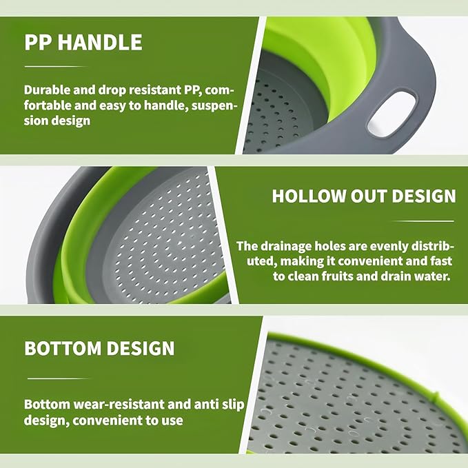 Silicone Colander Collapsible Strainers Set for Kitchen- 2 Pack (5Qt) -Over Home Draining Basket, Food Vegetables & Fruits-Dishwasher Safe, Space Saving Design (Greeen) - Image 4