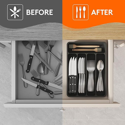 Lifewit Silverware Drawer Organizer Tray, Plastic Cutlery Storage for Kitchen, Flatware and Utensil Holder Divider for Spoons Forks Knives Tableware, 9.1 x 12.6", 5 Slots, Black - Image 6