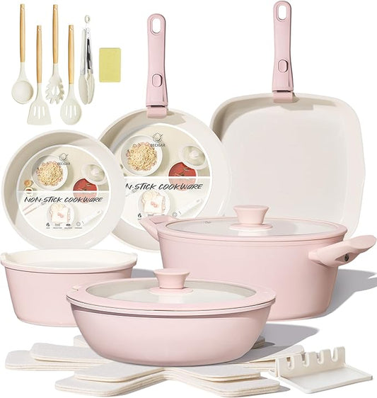 BECIGAR 23pcs Ceramic Pots and Pans Set, Nonstick Detachable Handle Cookware, Induction Kitchen Cooking Set with Removable Handle,include Frying Pans & Saucepans Oven Safe(Pink) by BecigarCookware