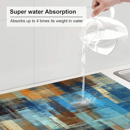 Modern Abstract Art Dish Drying Mat Blue Brown Gradient Painting Geometric Drying Rack Pad Countertop Dishes Ultra Absorbent Microfiber Kitchen Counter Mat 18x24 Inch