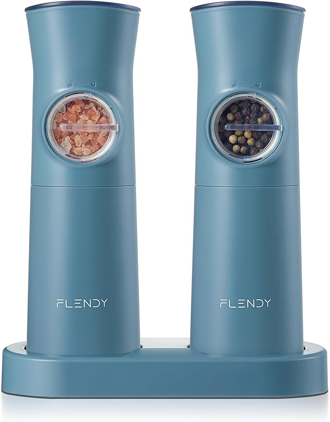 Flendy Gravity Electric Salt and Pepper Grinder Set Rechargeable, Automatic Salt and Pepper Grinder Set with USB C Charging Base, Gravity Salt and Pepper Shakers Set Electric