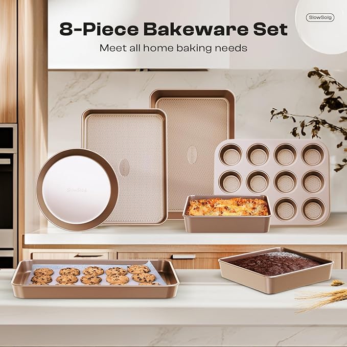 Baking Pans Set 8-Piece Bakeware Sets, Baking Sets for Cooking Nonstick Oven Pan Set, Baking Sheet Set, Cookie Sheets for Baking, Muffin Pan, Cookie Sheets (Ceramic Coated Gold) - Image 8
