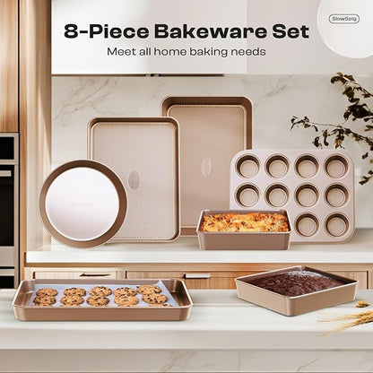 Baking Pans Set 8-Piece Bakeware Sets, Baking Sets for Cooking Nonstick Oven Pan Set, Baking Sheet Set, Cookie Sheets for Baking, Muffin Pan, Cookie Sheets (Ceramic Coated Gold) - Image 8