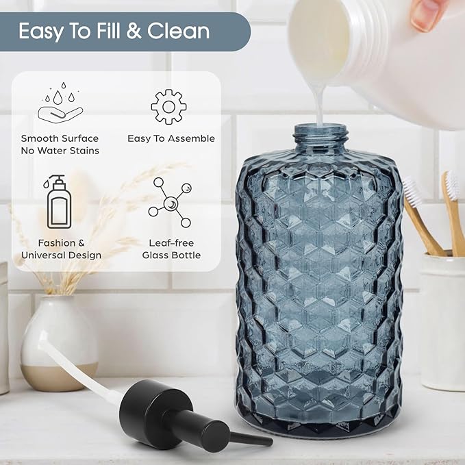 Topsky Glass Soap Dispenser with Plastic Pump, 475ml Liquid Hand Soap Dispenser, Rustproof Pump for Kitchen & Bathroom, Great for Lotions, Essential Oil, Liquid Soaps (Grayish Blue) - Image 2
