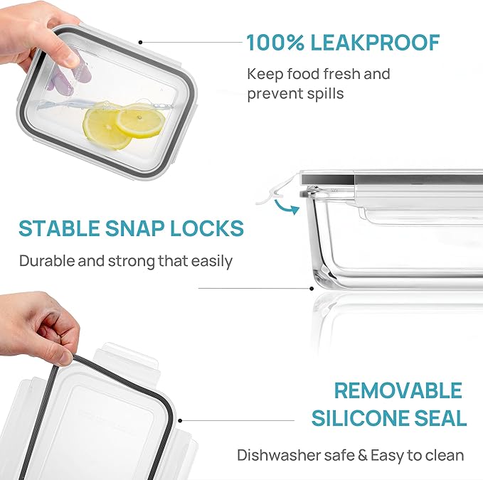 Vtopmart 5Pack 30oz Glass Storage Containers with Lids, Glass Meal Prep Food Container Sets with Snap Airtight Lids for Microwave, Oven, Freezer and Dishwasher, Grey - Image 6