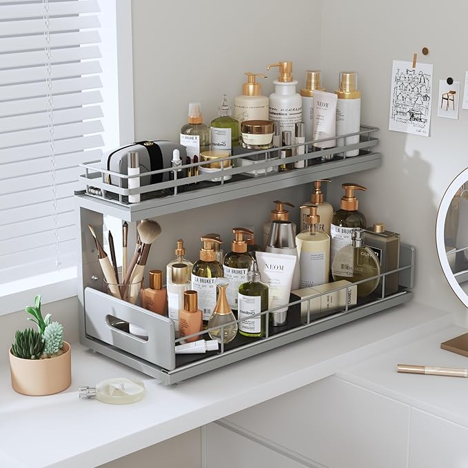 Under Sink Organizer Upgrade To Professional Rails,2-Tier Dual Pull Out Cabinet Storage,Height Adjustable Slide Out Drawers For Bathroom Kitchen,1 Pack-18.5"Dx12.8"-16.9"H,Gun Gray - Image 9