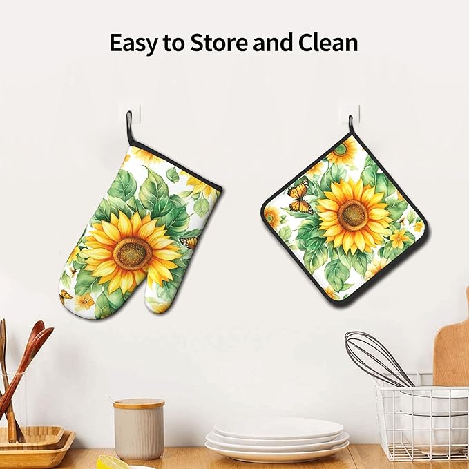 Sunflower Oven Mitts and Pot Holders Sets Watercolor Yellow Floral Plant Kitchen Gloves Hot Pads 2 Pieces Set Spring Summer Farmhouse Kitchen Decor and Accessories - Image 6