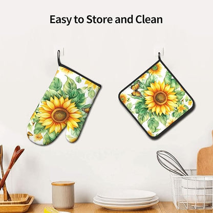 Sunflower Oven Mitts and Pot Holders Sets Watercolor Yellow Floral Plant Kitchen Gloves Hot Pads 2 Pieces Set Spring Summer Farmhouse Kitchen Decor and Accessories - Image 6