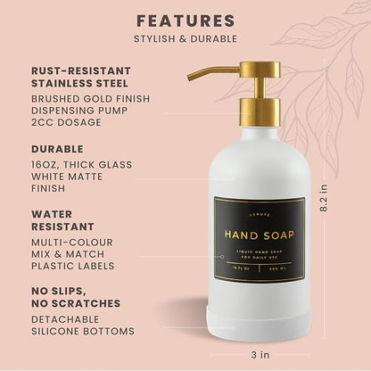Hand and Dish Soap Dispenser for Kitchen and Bathroom, Set of 2 16 Oz Glass Bottles, Stainless Steel Pumps, Non-Slip Silicone Base, 27 Waterproof Labels (Matte White Bottle/Brushed Gold Pump) - Image 6