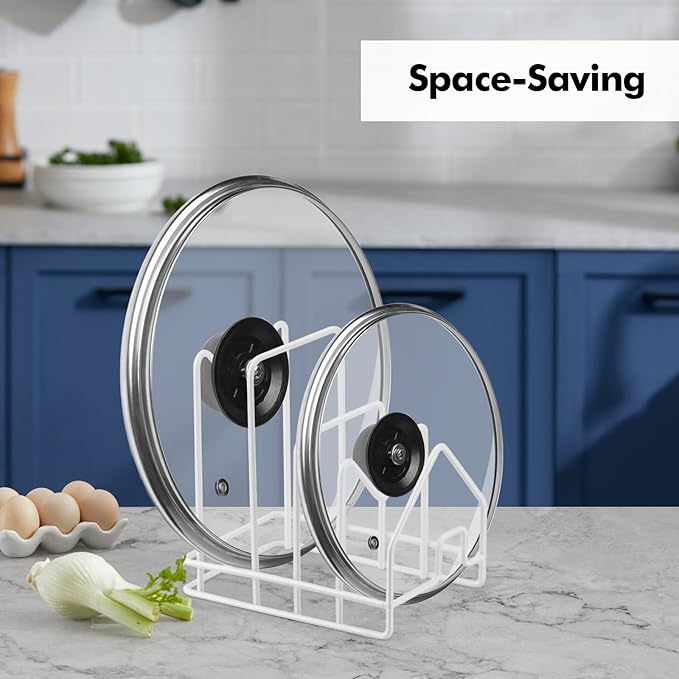 Poeland Kitchen Pot Lid Organizer, Pan Rack with 4 Compartments, Pantry Organizer Rack for Dinnerware, Bakeware, Cookware, Cutting Boards, Pan Lids (Small Size, White) - Image 2