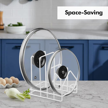 Poeland Kitchen Pot Lid Organizer, Pan Rack with 4 Compartments, Pantry Organizer Rack for Dinnerware, Bakeware, Cookware, Cutting Boards, Pan Lids (Small Size, White) - Image 2