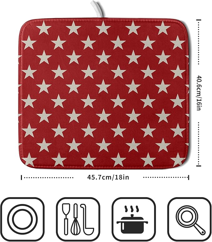 Patriotic July of 4th Red Star Dish Drying Mat for Kitchen Counter 16x18 Memorial Independence Day Absorbent Reversible Microfiber Drying Mats Kitchen Countertop Protector Dishes Drainer Rack Pad - Image 2